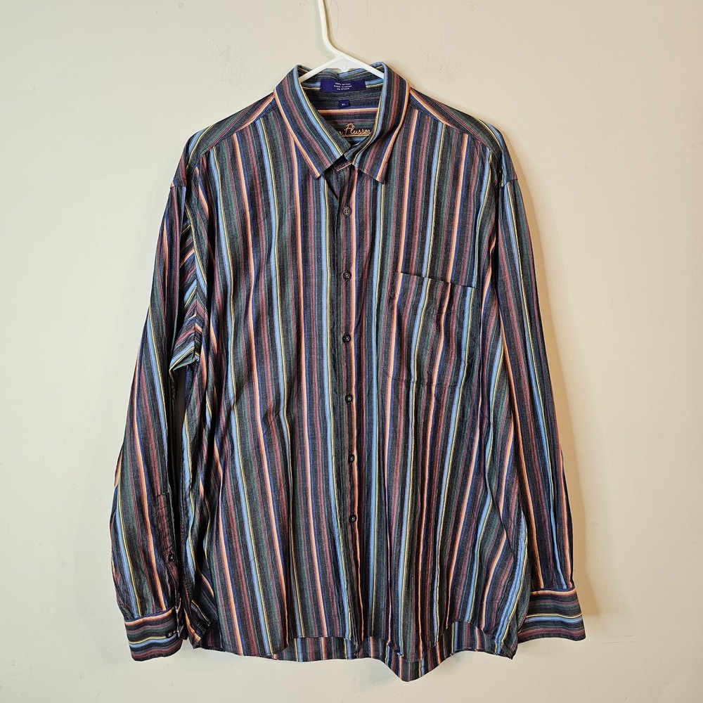 Men's Alan Flusser Vertical Striped Button Shirt Cotton Multicolor Size‎ XL